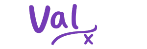Signature of shop owner in purple that reads 'Val' with a squiggle below and a friendly 'x'!