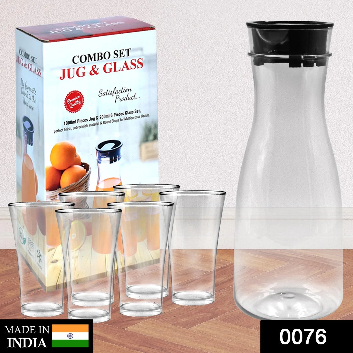 0076_Transparent Unbreakable Water Juicy Jug and 6 Pcs. Glass Combo Set for Dining Table Office Restaurant Pitcher 