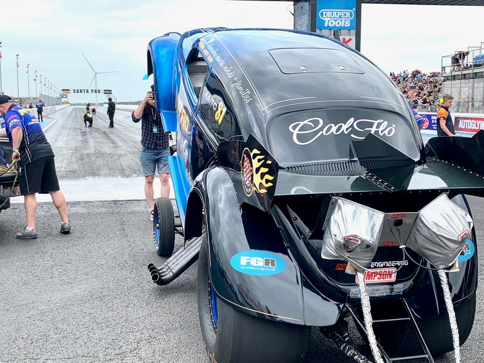 Nitro Bug Funny Car on the strip at Santa Pod raceway.