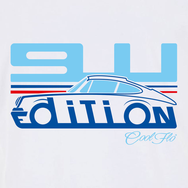 Cool Flo Porsche 911 white t-shirt - Martini Edition with blue and red print. Design close-up.