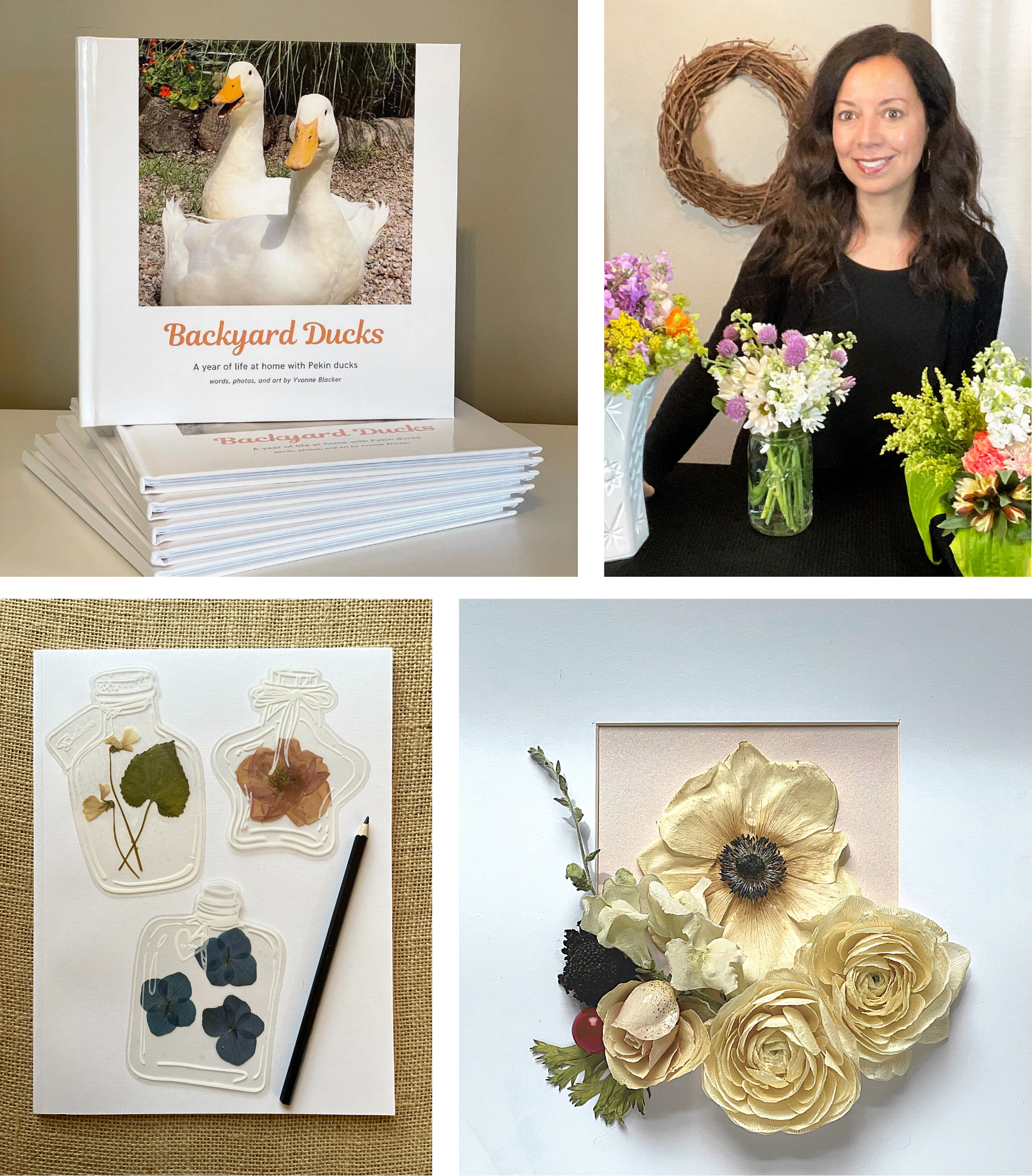 Duck Petals shop collage with botanical artist and owner Yvonne Blacker