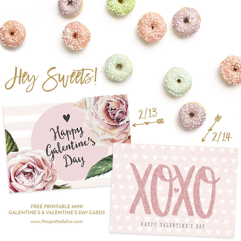 Galentine & Valentine Printable Cards and donuts on white background