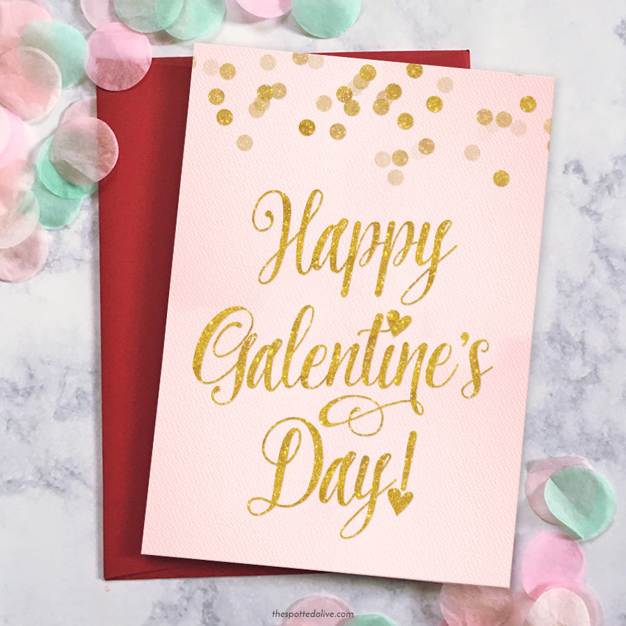 Blush Pink & Gold Confetti Galentine’s Day Card by The Spotted Olive