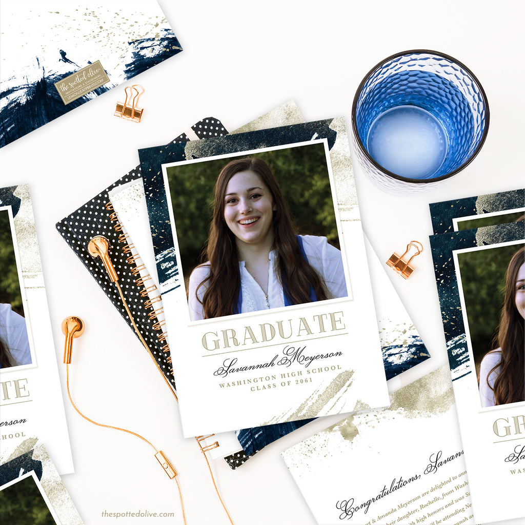 Navy & Gold Abstract Graduation Announcement by The Spotted Olive