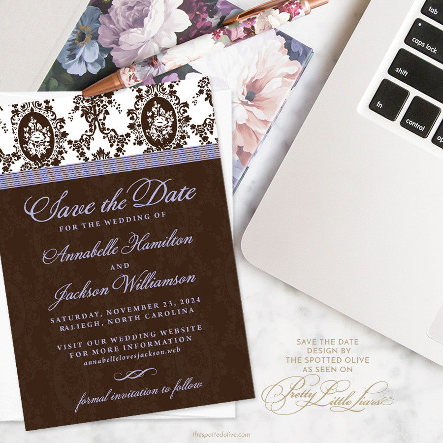 The Spotted Olive's Victorian Romance Save The Date as seen on Pretty Little Liars