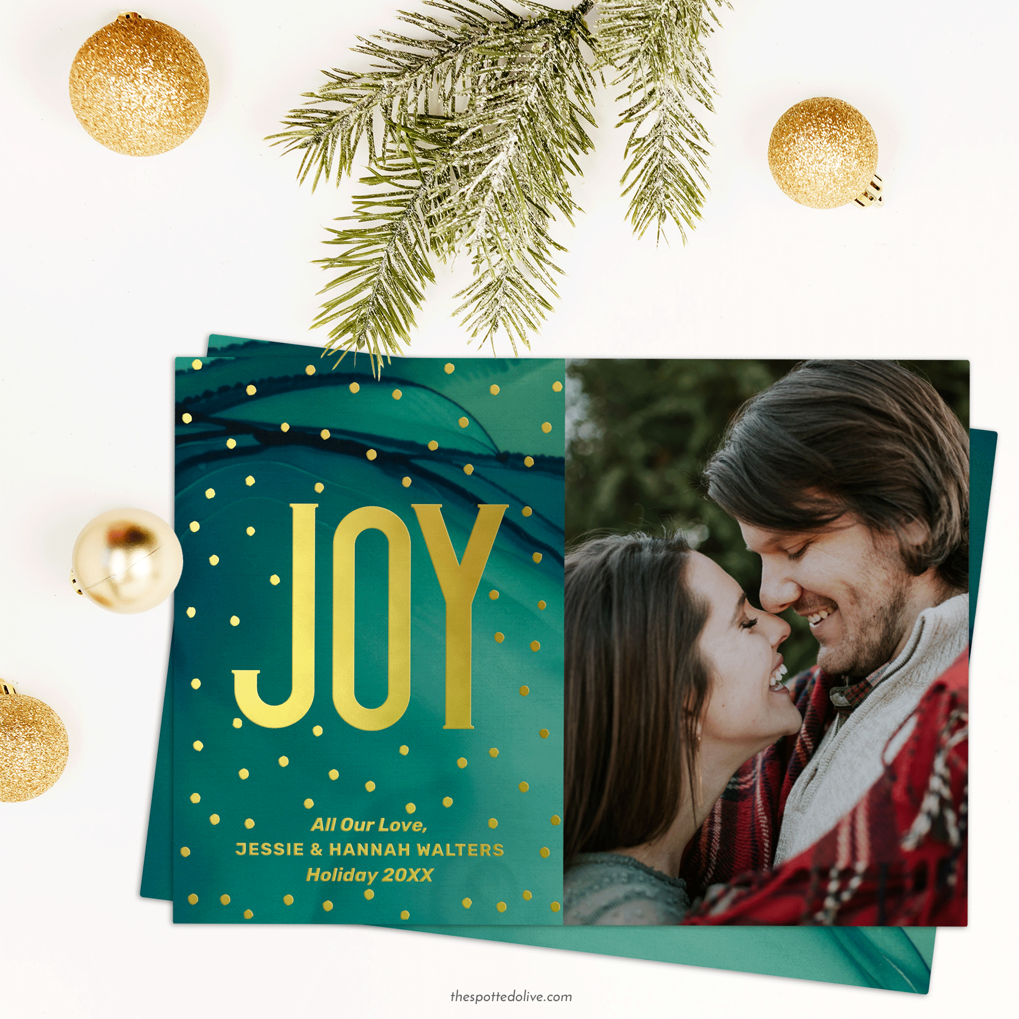Simple JOY Foil Holiday Card by The Spotted Olive on Zazzle