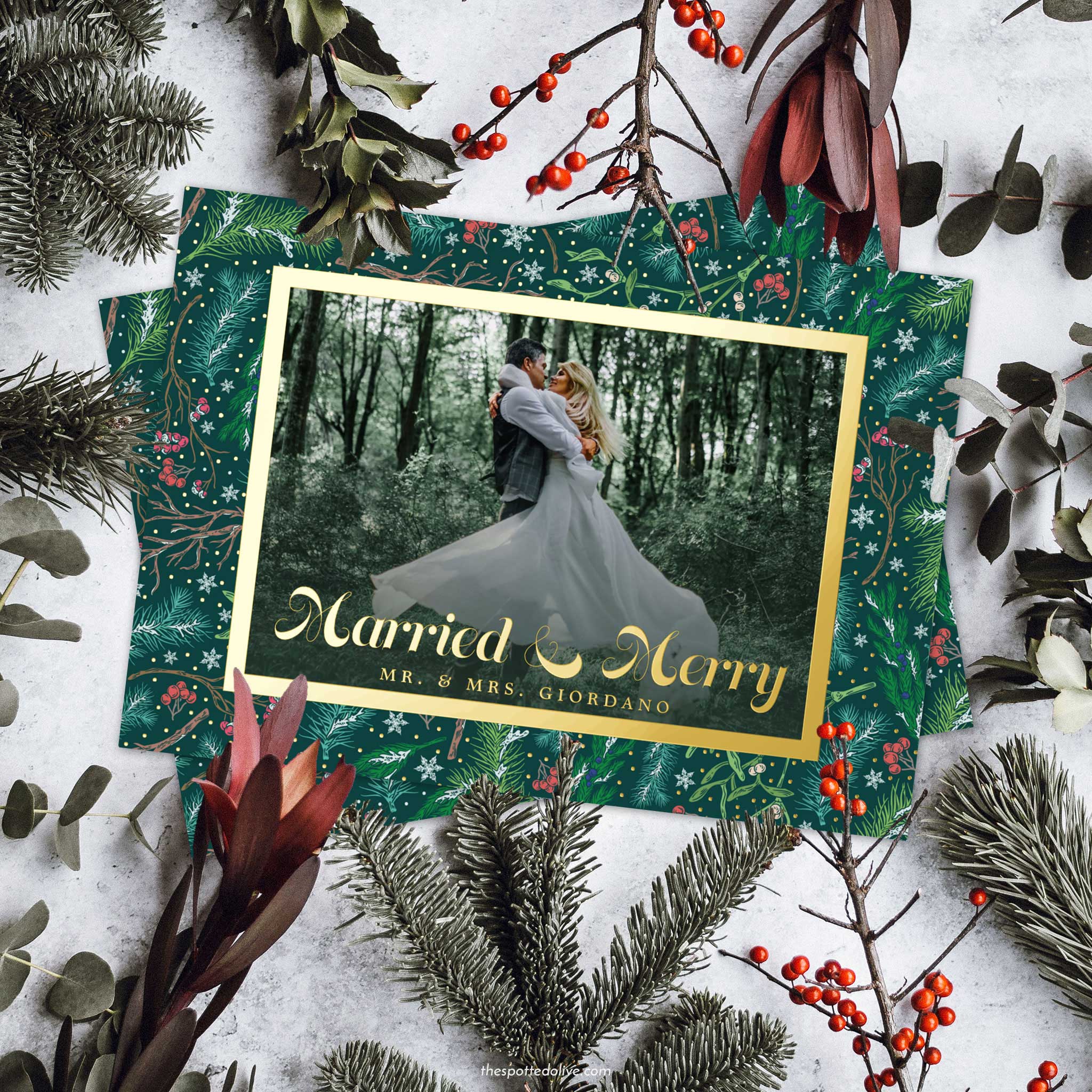 Winter Botanical Married & Merry Holiday Cards by The Spotted Olive