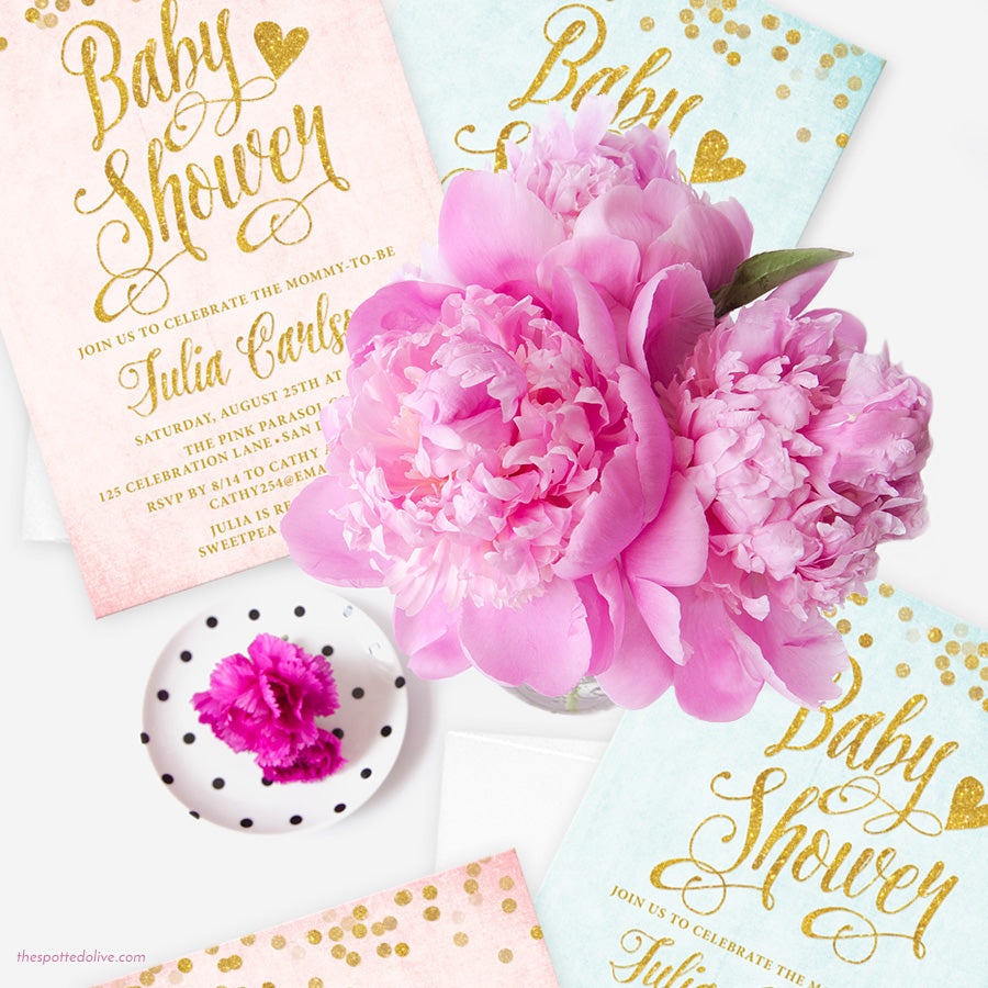 Aqua Blue Gold Confetti Baby Shower Invitations The Spotted