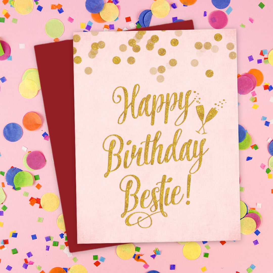 Pink & Gold Confetti Happy Birthday Bestie Card The