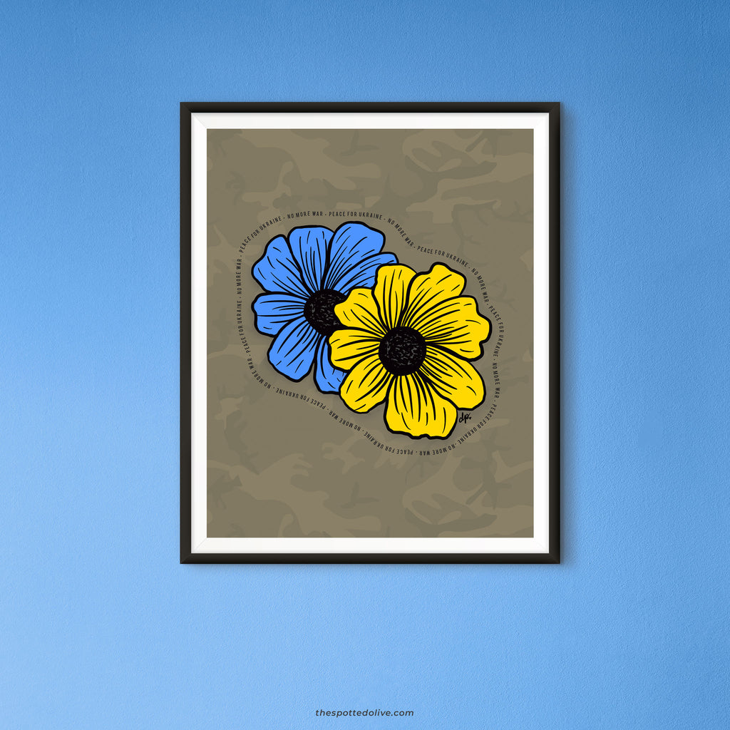 Illustration of Blue & Yellow Flowers on khaki camouflage background art print