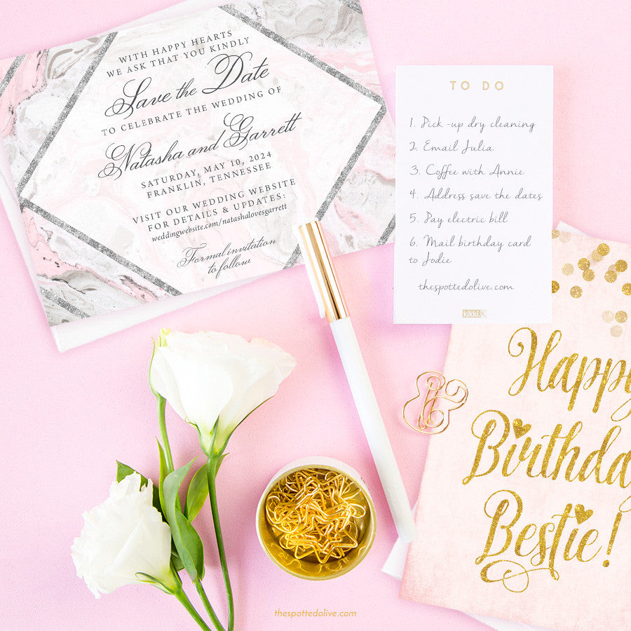 Pink & Gray Marble Save The Dates by The Spotted Olive