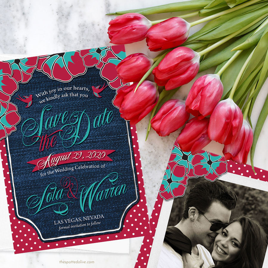 Rockabilly Denim & Polka Dots Save The Dates by The Spotted Olive