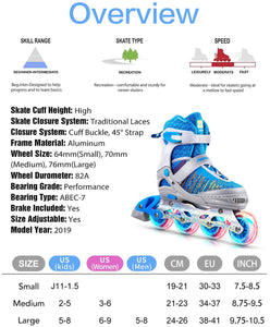 PAPAISON Inline Skates for Boys and Girls with Full Light up Wheels, Blue & Grey