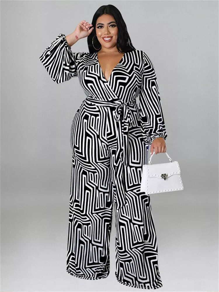 Plus Size Print Jumpsuit Printed Lace Up Casual