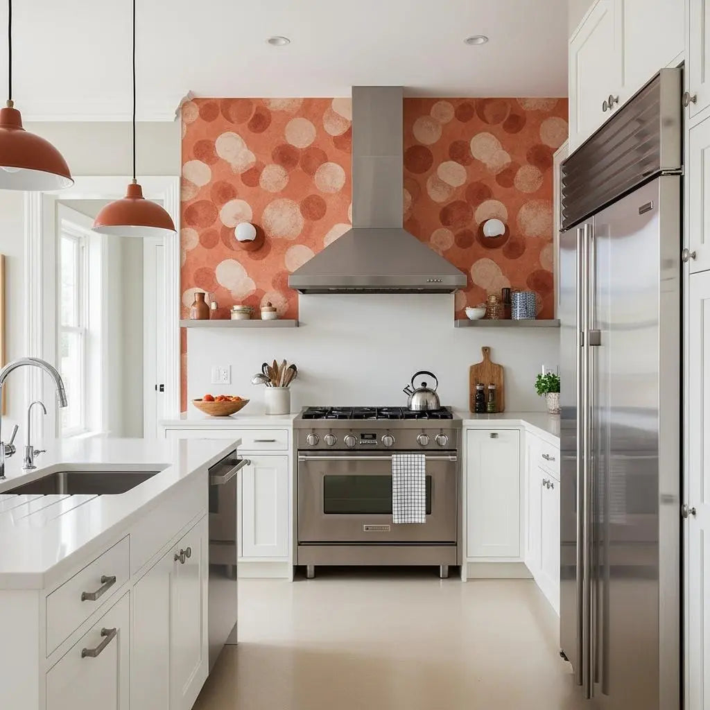 Papier peint terracota dans une cuisine aux motifs ronds