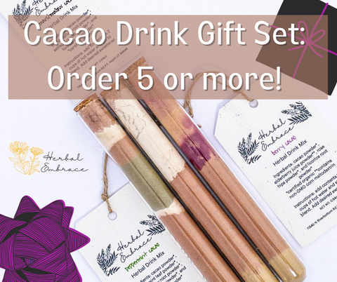 glass vial with cork stopper filled with herbal powder cacao powder healthy hot chocolate gift set