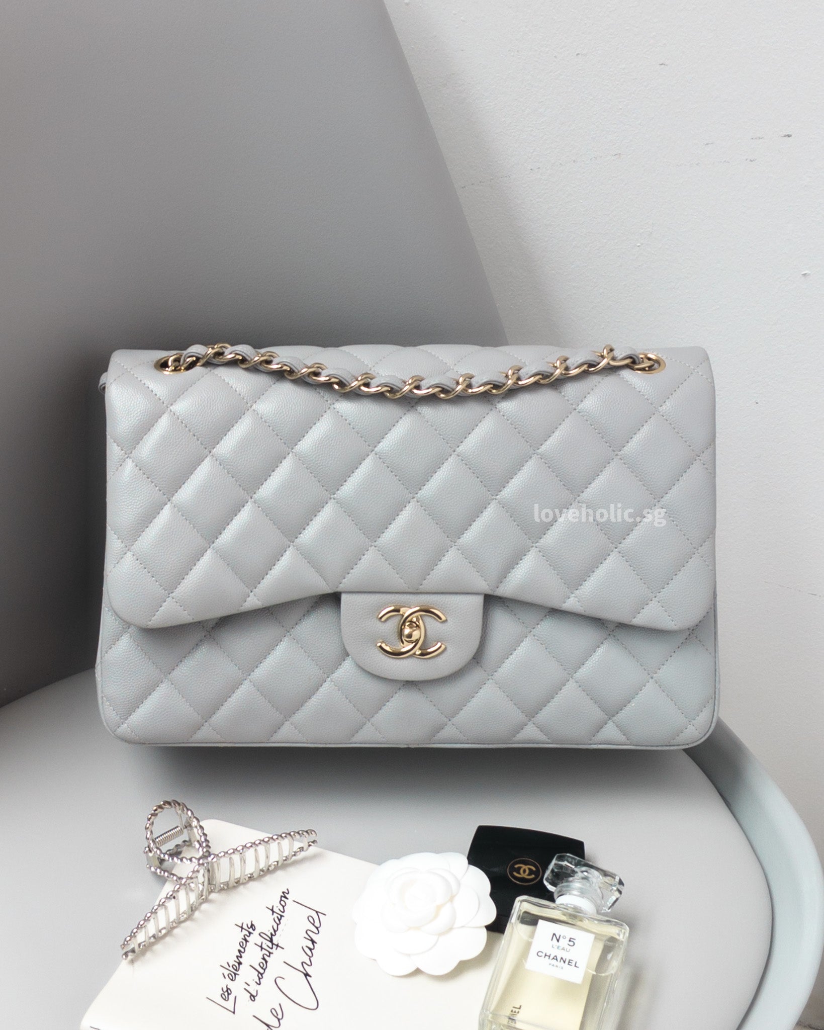 Chanel Classic Flap Jumbo | 21A Light Grey Caviar Gold Hardware – loveholic