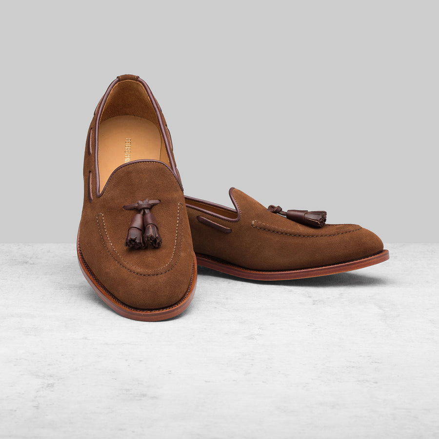 emmy camel suede pointed loafers