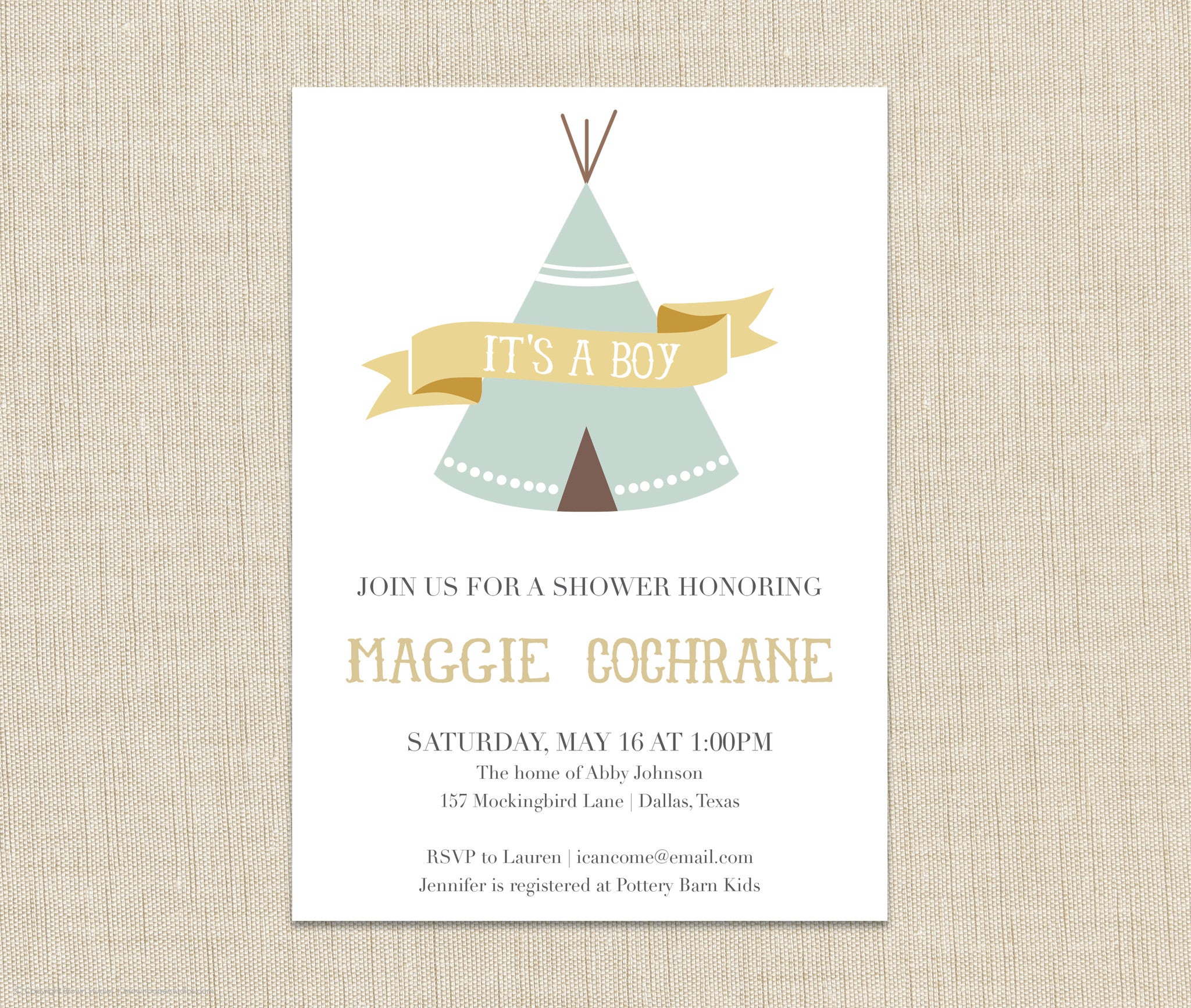 teepee baby shower invitation - brown paper studios