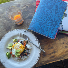 Picture of Costa Rica traditional breakfast (rice, beans, veggies, egg & avocado) with my Commit30 planner.