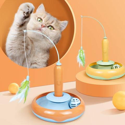 2-in-1 Self-Play Cat Toy with Feather: Interactive Turntable for Endless Fun and Pet Entertainment