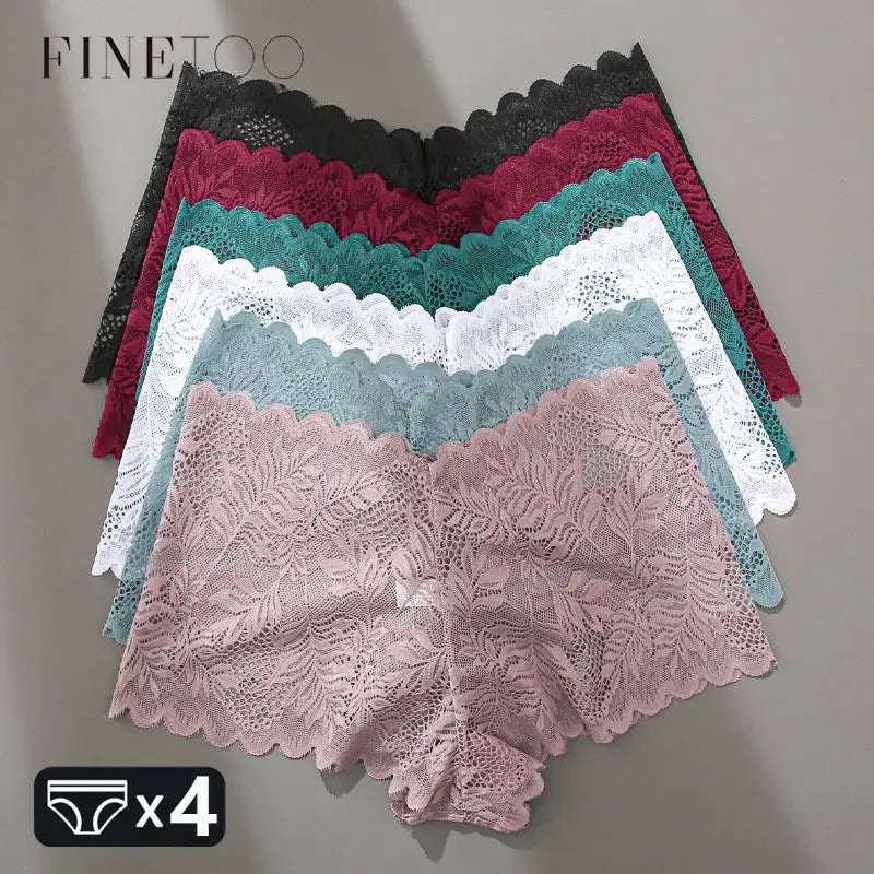 FINETOO 4pcs Lace Floral Boyshorts Underwear for Women Sexy Hollow Out Solid Panties Low-Waist Breathable