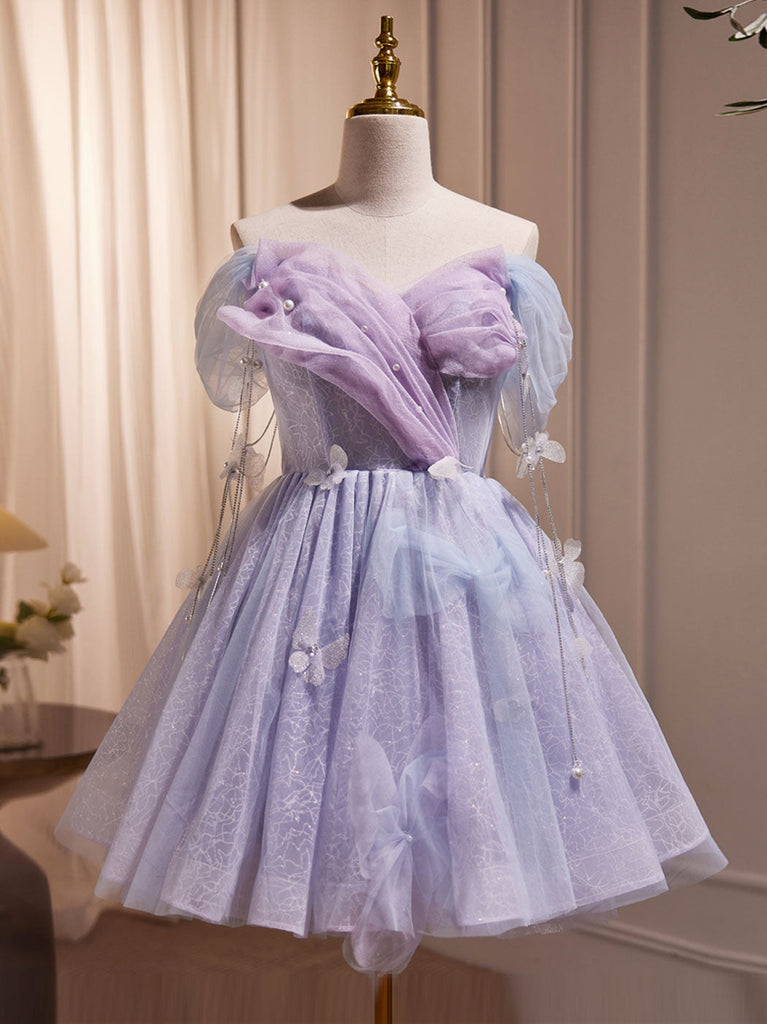 PM025,Light purple tulle mini prom dresses strapless pleated homecomin –  prommirror