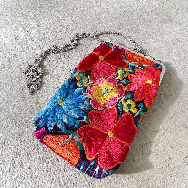 Mexican Flower Embroidery Mini Bag #4／メキシコ刺繍 がま口バッグ ポシェット スマホケース