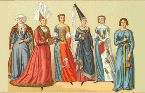 European women dignitaries in the 16th century wearing plush and exquisite clothing including a Cashmere Pashmina Scarf from Kashmir