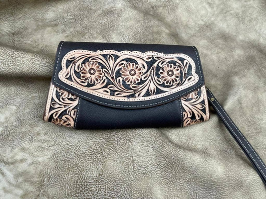 Round About Tooled Leather Hair on Hide Fringe Purse #4