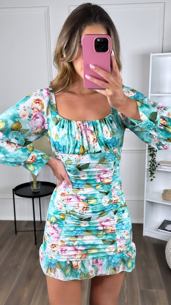 Annalie Pink Floral Ruched Detail Mini Dress – Get That Trend