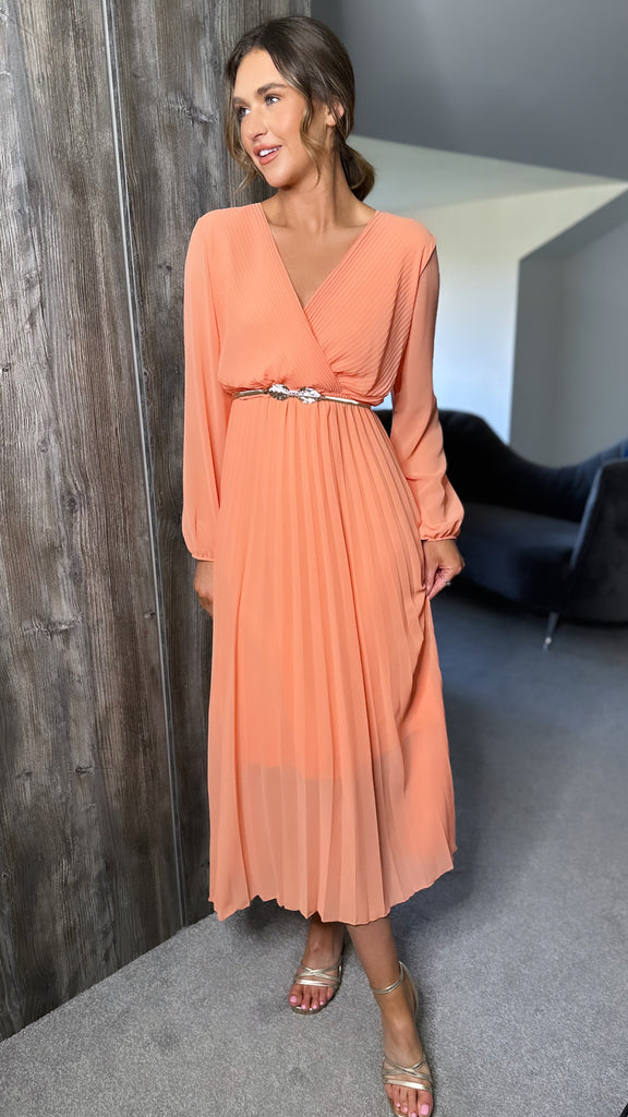 Orange Peach Pleated Maxi Dress With Long Sleeves | SilkFred US