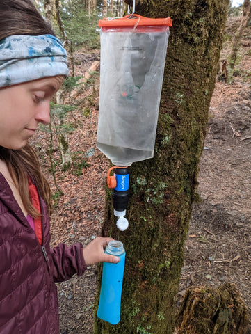 Backpacking gravity water filtration set up on Appalachian Trail