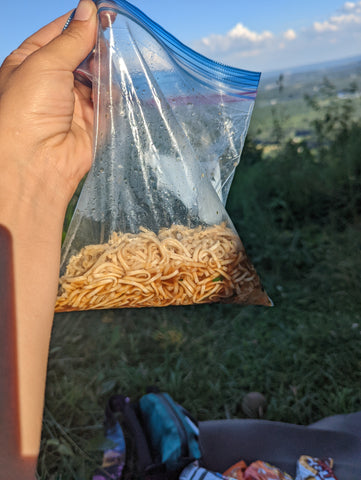 Chow mein cooked in a freezer bag