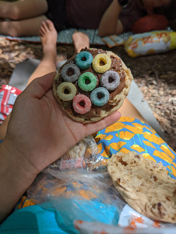 One of my favorite trail lunches- An English muffin with Nutella and giant Froot Loops