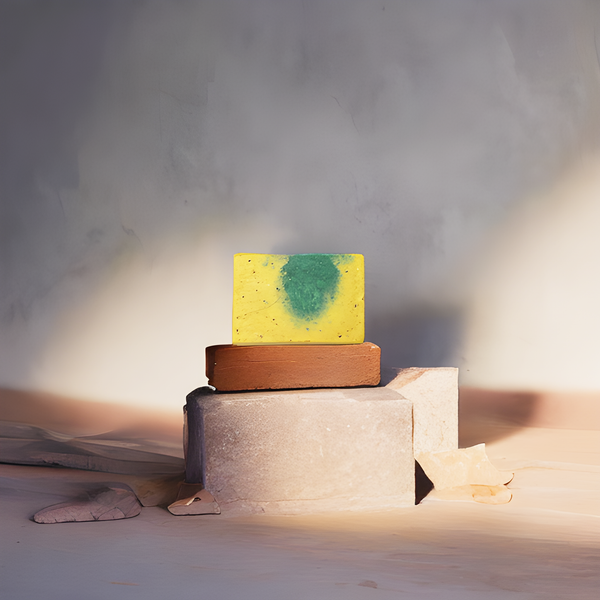 Yellow and green soap bar stands on a square platform in front of concrete