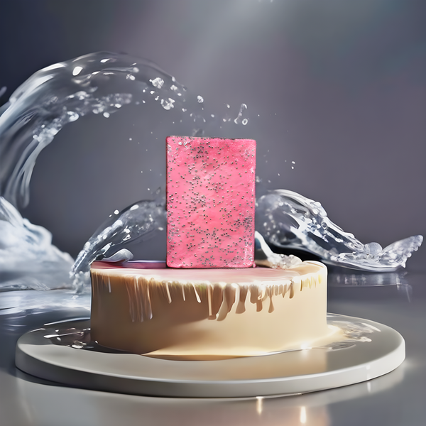 Red soap with poppy seeds stands on a circular platform with running water surrounding the soap bar