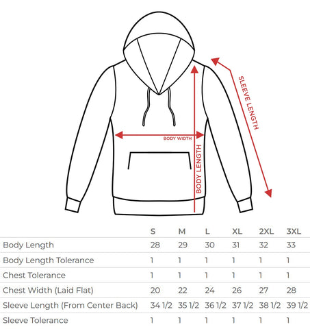 pullover hoodie size chart image