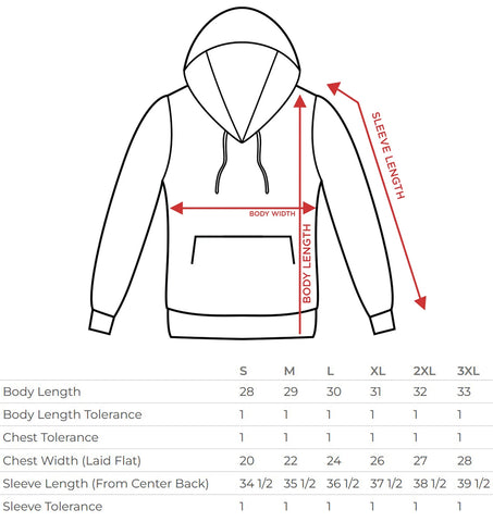 pullover hoodie size chart