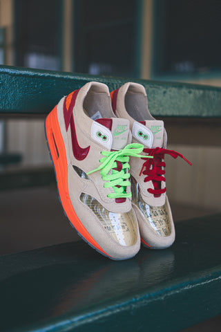 Nike Air Max 1 CLOT Kiss of Death Featuring Mismatched Neon Green and Maroon Laces