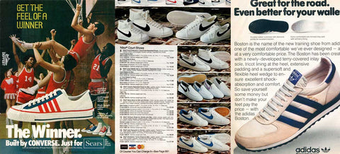 1980's shoe advertisements for Converse, Nike, and Adidas