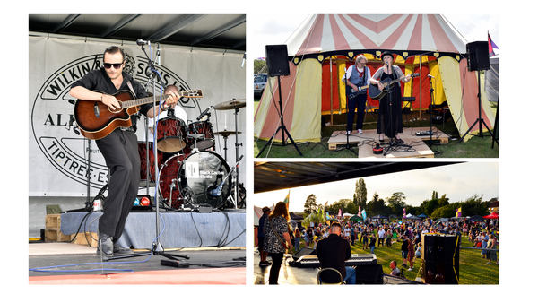 Image one: 'Jax&Co' playing at The LSF 2023.  Image two: 'The Other Party' playing in the Busk Stop at the LSF 2023. Image three: 'Mixtape' playing at The LSF 2023.  Credit Andre Kimche