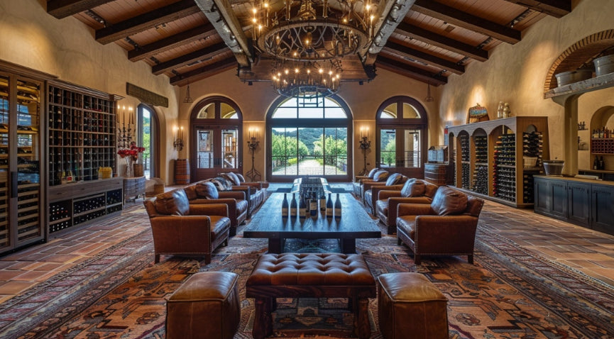 View of a wood-themed VIP lounge with an array of wine collection lining up the sides of the room.