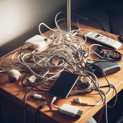 Tangled cables on bedside table