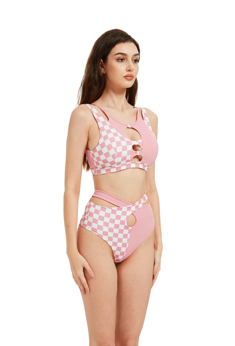 Hamade Activewear Hollow Front Top - Checkered Light Pink-Hamade Activewear-Redneck buddy