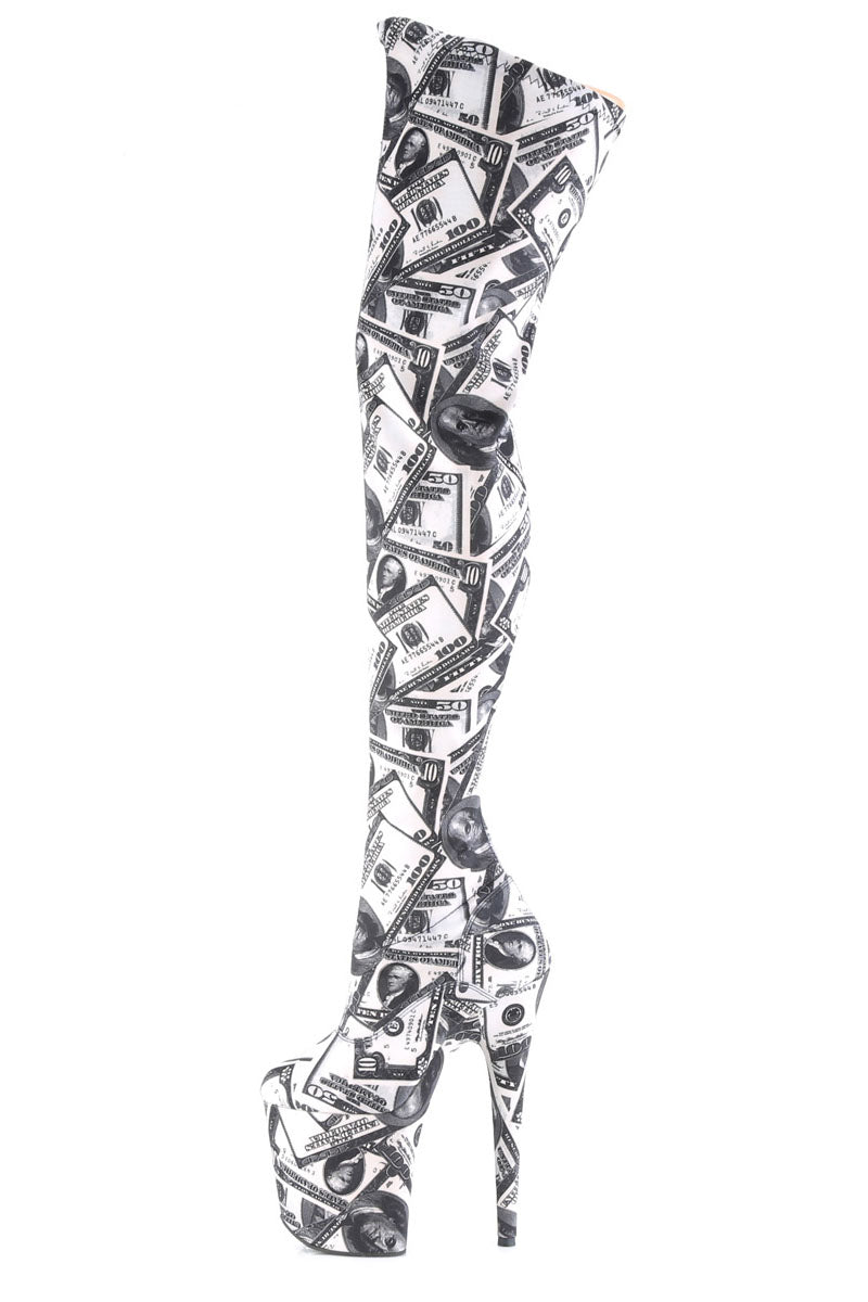 Pleaser USA Flamingo-3000DP 8inch Thigh High Pleaser Boots - Money Print-Pleaser USA-Redneck buddy