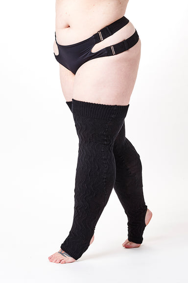 Rolling Cable Knit Thigh High Leg Warmers with Stirrups - Noir-Rolling-Redneck buddy