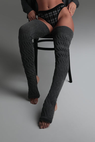 Rolling Cable Knit Thigh High Leg Warmers with Stirrups - Charcoal-Rolling-Redneck buddy