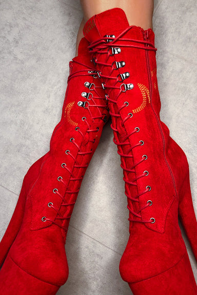 Hella Heels HellGirl Front Lace 7inch Boots - Red/Yellow-Hella Heels-Redneck buddy