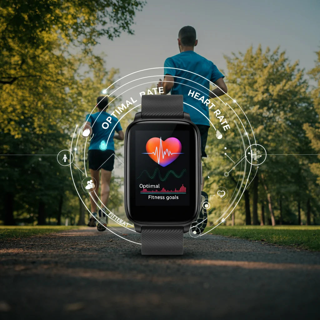 a photo of a watch that shows heart rate status with a back ground of people running on the road
